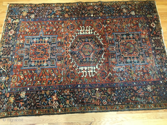 Old Karajah rug from 1940s in good condition with one area of localized wear. Silky wool (not dry like later pieces). Ends attrition. 6'4"x4'5". Washed. Fine weave. No holes or repairs.  