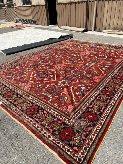 Decorative Mahal carpet from 1930s-1940s with nice saturated colors (green, blue, yellow,etc) in 13.5’x10.5’ size. It has few spots of moth damage along two edges as shown in the photos. The pile  ...