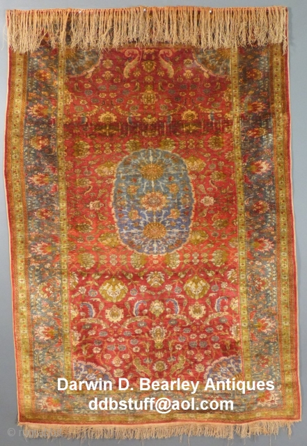 Silk Manchester Kayseri,(?) Turkish, c. 1880-1920(?), 74" X 50".
Very good condition.
Short tear lower end.
SOLD                   