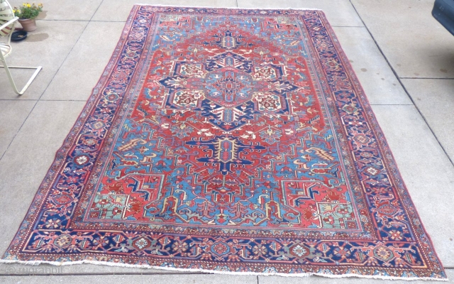 Antique Heriz Carpet, 
c.1930-40(?),
Measures 8'3" X 11'3",
Very good used condition,
A little low in areas, 
Machine done egding,
Ends a bit reduced.

Please email me for price (ddbstuff@aol.com)        