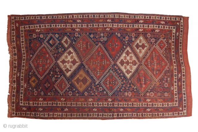 Large Afshar carpet. Great size, big piece. Fragile on one end, old moth holes, wear across. Mostly intact. 6'2" x 11'1". Contact for more info.        