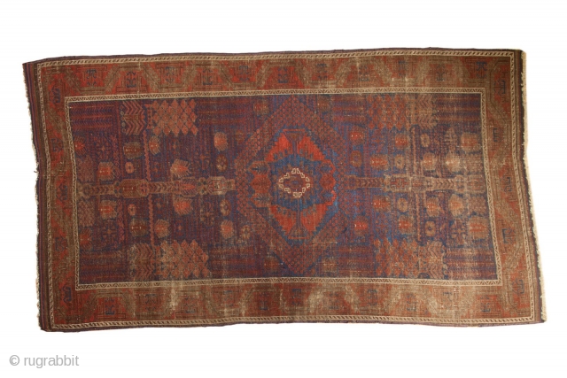 Timuri Belouch Garden carpet, 1800s. Worn and used but with phenomenal design. Electric blue. Early piece, big size, cochineal reds. 4'8" x 8'4". Contact for more info.      