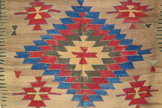 Anatolian kilim with 3 "baklava" type large medallions on a camel hair field, 145 X 340cm, mid 19th C., some areas of expertly done reweaving of damaged areas. Camel hair ground kilims  ...