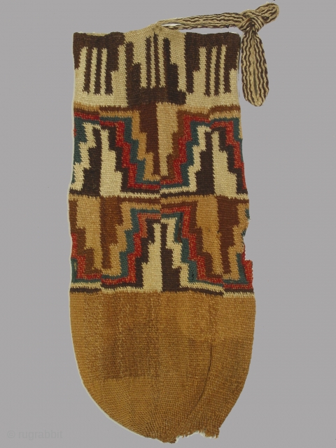 Pre- Columbian quiver bag, Peru, Early Seguas culture, Dept of Araquipa, circa 0-300 AD, dimensions, 9 x 20 inches interlocking discontinuous warp and weft weave. Hole in the bottom of bag, a  ...