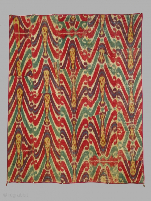 Wallhanging, Uzbek, Bokhara, silk warp, cotton weft with block printed cotton backing, 5 loom widths wide, 19th century. Dimensions 46 x 55 inches. Condition: overall wear and abrasion.     