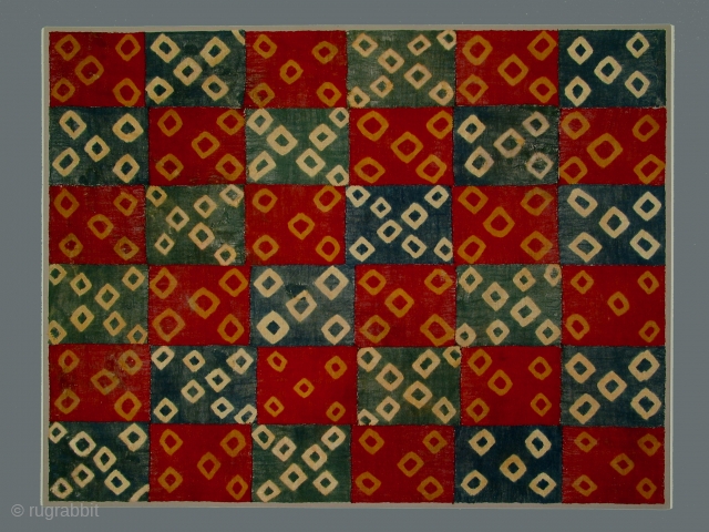 Pre-Columbian tie dye mantle, Seguas3/Nazca culture, circa 600-800 AD, 50 x 55 inches, mounted, in excellent condition. This is a particularly striking example of Pre-Columbian tie-dye technique: the "dots" are atypically large  ...