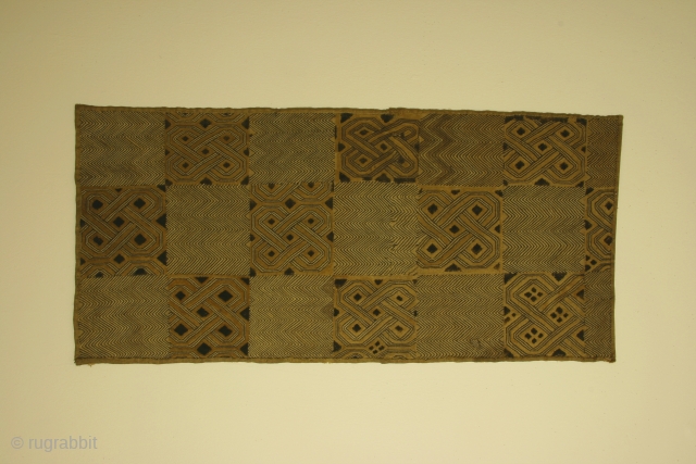 Africa, Kuba Kingdom, Showa region, D.R.C., large rafia embroidered and cut pile patterned large ceremonial panel( or posssible skirt), 20 x 33 inches, mid 20th century. An unusual scale and striking design.  ...