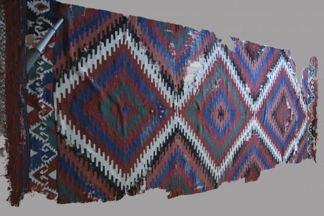 Anatolian kilim, Elmadag region, 62 x 155 inches (158 x 394cm), circa 1800-1850.
The eli-belinde end borders on this Elmadag kilim are unique; most Elmadag kilims have large scale doubled meander type end  ...