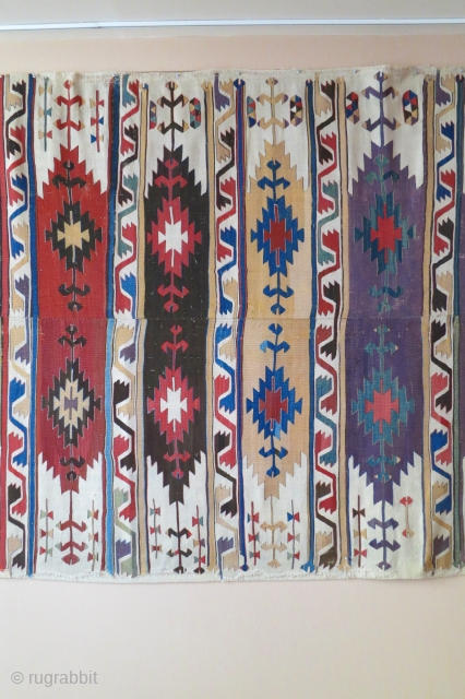 Anatolian kilim woven in two pieces patterned with 10 bands containing double niche saf type designs/motifs. Central Anatolia, before 1800, 155 x 370cm, Published in Early Turkish Tapestries, by B. Frauenknecht, pl.  ...