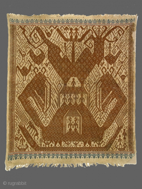 Tampan, ceremonial textile from Lampung, S. Sumatra, Indonesia, cotton, patterned by supplemental wefts on a plain weave ground, 26 x 31 inches, circa 1800-1850, collected by Perry Kestner in Sumatra in the  ...
