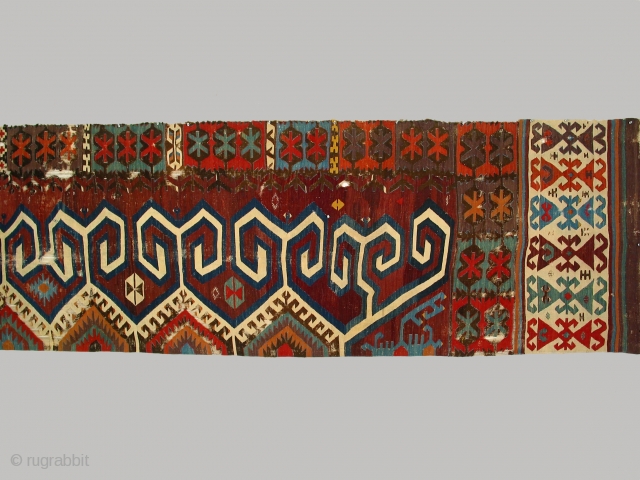 Anatolian kilim half, circa 1800, 92 x 468cm, Central Anatolian kilim (possibly Aydin)displaying large scale hooks/horns projecting from central medallions.  Cleaned and unrestored.         