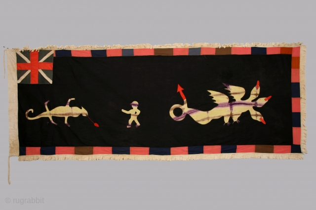 Fante society banner, Asafo people, Ghana, cotton fabric, before 1956, 42 x 106 inches. These banners usually illustrate Asafo proverbs. In this case, the proverb expressed is that if a man wished  ...