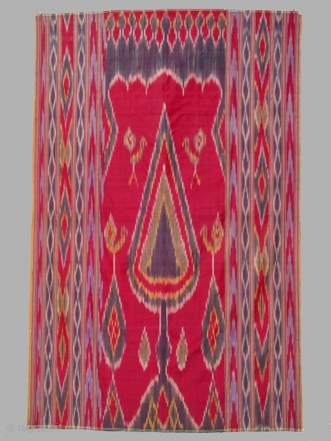 Zoroastrian ritual wallhanging, Yazd, Persia, silk, warp ikat patterning, circa 1900, 48 x 72 inches. Several small tears, otherwise good condition.            