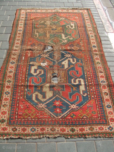 Rare Antique Caucasian Area Rug Carpet wool 1880 The carpet has been fixed in some places(as you can see on the pictures)Very uniqe design! Size:195x111-cm   / 76.7x43.7-inches Best Offer Good  ...