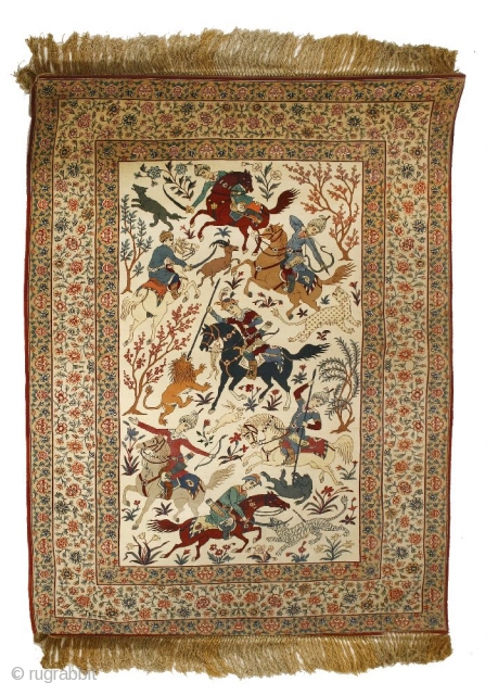 An Isfahan pictorial rug, attributrd to Husian Seyrafian 

hunting design , fine quality , excellent condition.

mid 20th century.

230x152cm


P.O.R               