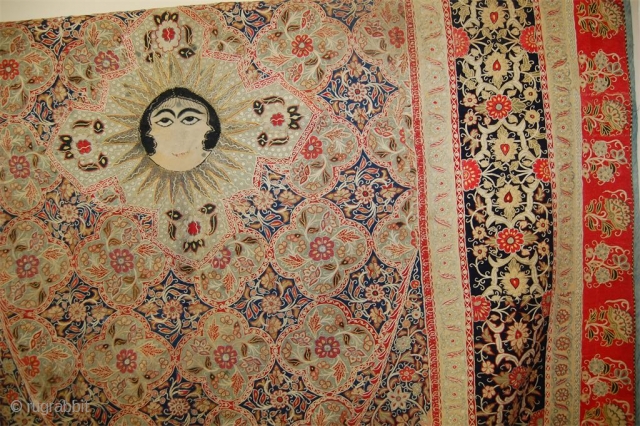 Exceptional Persian Qajar Resht Panel, the wool ground with cut work wool pieces appliqué with silk embroidery and silver warp in sun ray. The faces are probably those of princesses. Third quarter  ...