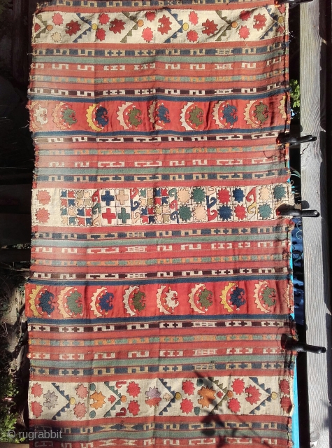 A pair Antique Lakai Ghudjeri and therme embroidered wool hangings, Uzbek. Size: 2.5m x 1.5m minor damage to sides and ends.            