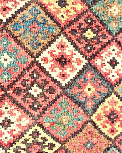 Old Bakhtiari kilim, Chahar Mahal, restoration and minor damage in places. Sides and ends secured. Needs a wash. Size: 280cm x 146cm / 9ft 2in x 4ft 10in. Pure wool.   