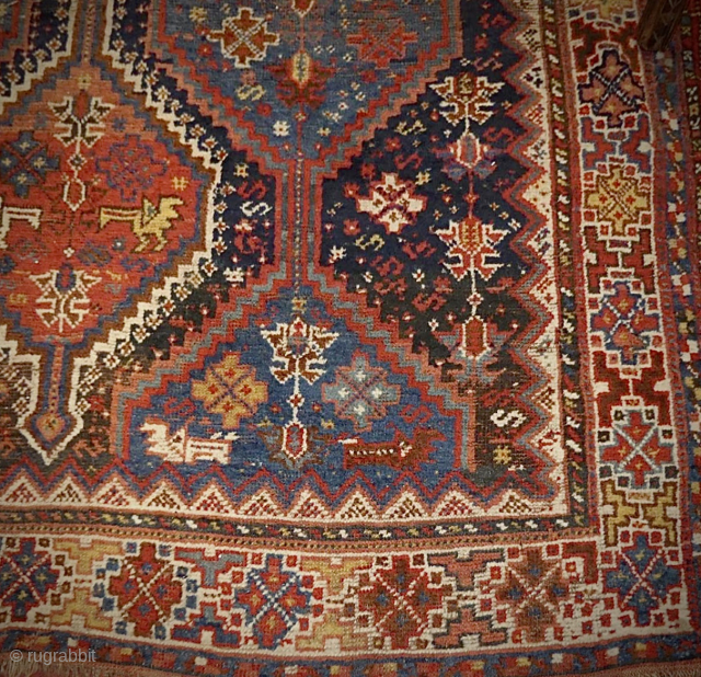 South West Persian Luri? rug, nice squarish format. Vegetal colours, uneven wear, slight losses at ends, sides original. Size: 195 x 134 cm          