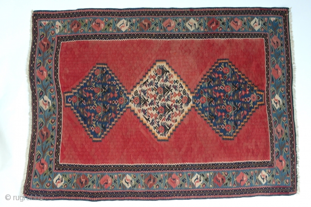 Antique Persian Kilim 59” x 42”
Excellent condition
Oriental flat weave rug
Wool wefts with cotton warps 
West Persia “Senna”
Possibly Kurdish made?
Purchase in the early 1970’s in Vienna Austria
Never used on the floor
   