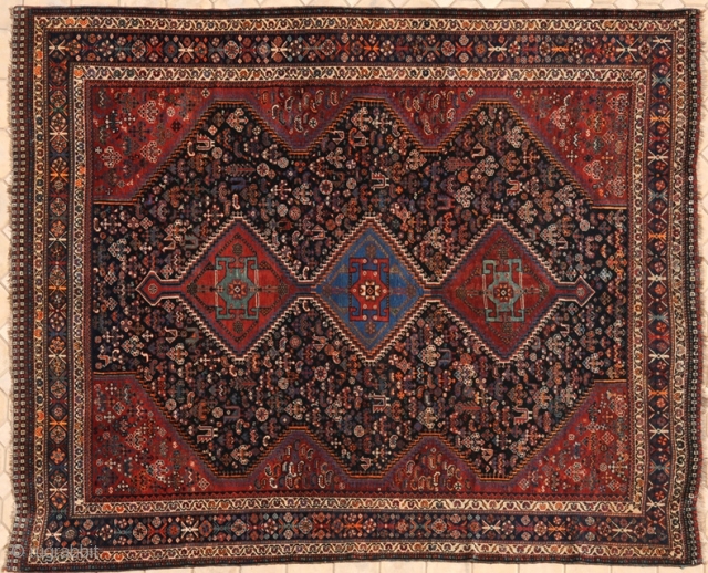 rug no	:	30
size	:	291 x 221
type	:	Antique 1900
origin	:	Iran
design	:	Qashqai Kashkuli
content	:	Wool on wool


it has white goats hair weft,and glossy kork wool.
rare borders design and its in perfect condition.          