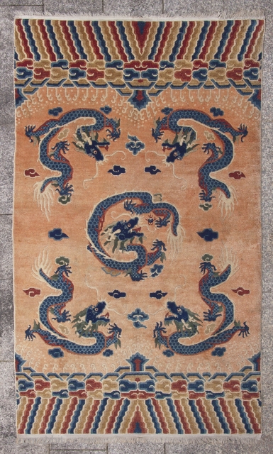 Elegant Chinese 5 dragon rug. 5-clawed dragons and wave and cloud border. Good condition, see images. Circa 1920. 215x128cm.              