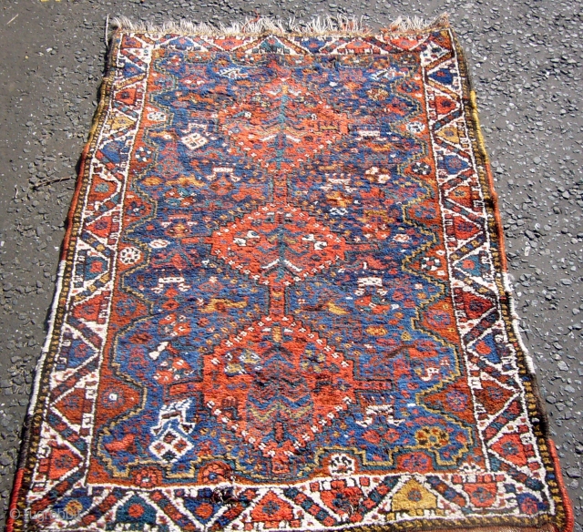 Old Shiraz rug. 101cm x 154cm. Circa 1920-30.
Good colours with full pile but 4 small holes.                 