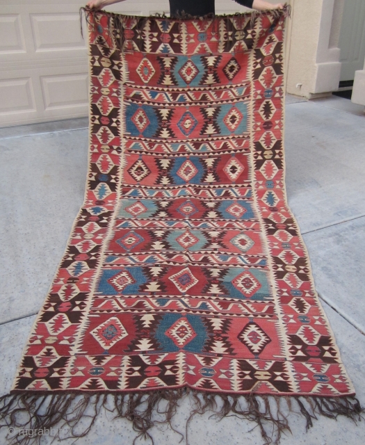 Mid-19th Century Southern Toros Mountain - typically renown as a (İçel/Mut) Anatolian utilitarian kilim... A visually soft and symmetrically balanced semi-nomadic kilim. All natural vegetable and root dyes. Very good original condition  ...