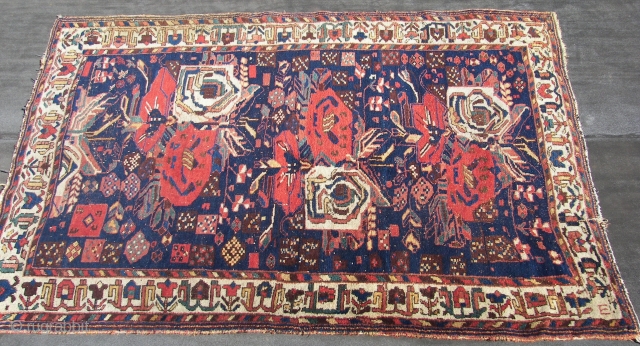 Afshar, ca. 225 cm x 155 cm. Wool on cotton, old, c-condition, some low pile,and other defects, with floral motives. Enjoy. !           