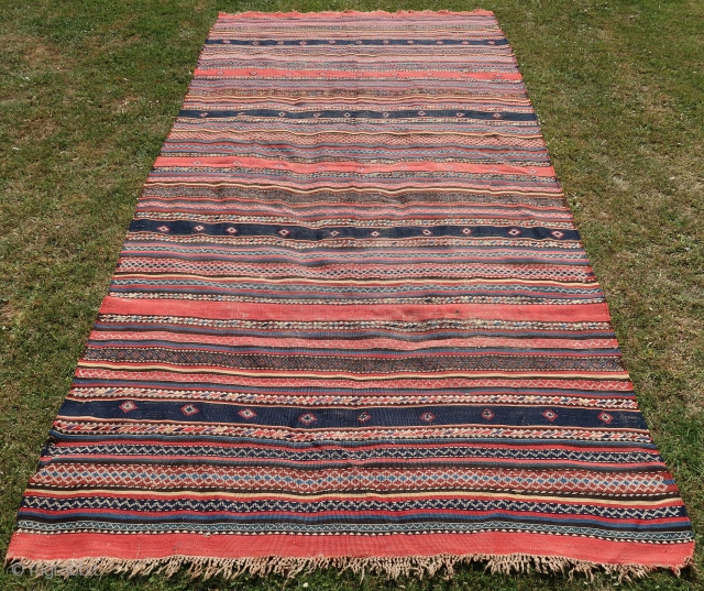 Kurdish ( Anatol.) Kelim, Large, wool on wool ,braided end, cleaned. Natural colored, some corrosion in the black ,good overall condition. ( b.c.) thick. 
Ca; 167 cm x 345 cm .   ...