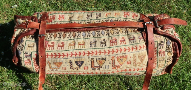 Tribal,Qashqai ,Qashqa'i, Qashqay, Kashkai, Kashkay, Qashqayı, Gashgai, Gashgay, Ghashghaei .Small Mafrash, Beddingbag, Rakhtekhab .Wool on wool, leather, L x W x H ; 60 x 25 x 26 cm.  . With  ...