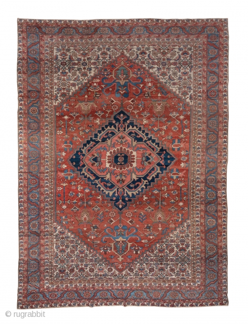 Heriz Carpet

10.9 x 14.9
3.32 x 4.54 

Of higher Serapi grade, this NW Persian village carpet displays a terra cotta red subfield centred by a palmette pendanted navy nested medallion with ivory Herati  ...