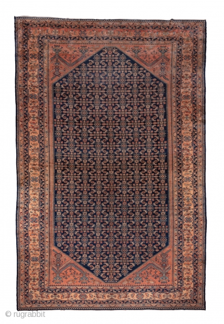 Lilian Carpet

12.3 x 19.0
3.74 x 5.79

This Hamadan area roomsize has a dark blue  octagonal subfield edged with tiny botehs and a classic Herati design overall. Double vases with jagged leaves decorate  ...