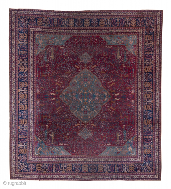 Indo-Kerman Carpet

14.6 by 16.2
4.45 x 4.93

The red field of this Indian adaptation of Kerman Persian sources displays cypress trees, prunus shrubs, various other flowing bushes and a number of jungle animals. The  ...