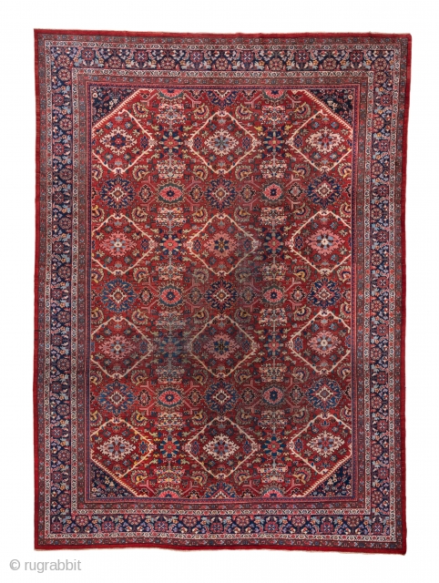 Mahal Carpet

10.4 x 14.3
3.16 x 4.35

The properly abrashed madder red field presents three columns of four large, ivory open lozenges centred by ivory ragged lozenges. Attractive polychrome leafy plants  are   ...