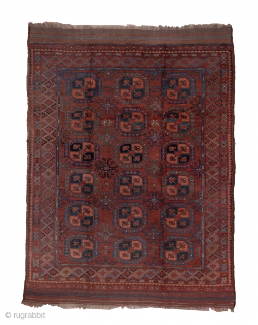 Afghan Ersari Carpet

7.7 x 8.5
2.34 x 2.59

The rich brownish red field supports three columns of octagonal guls detailed in burnt apricot, green and dark blue-green. The stepped  lozenge border is similarly  ...