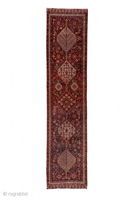 Khamseh Runner

3.6 x 15.2
1.09 x 4.63 
The medium blue field of this south Persian tribal runner displays a pole medallion of four ivory and one red hexagons with colourful small and medium  ...