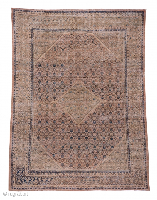 Mahal Carpet

9.8 x 12.9
2.98 x 3.93

The tan hexagonal field displays a variant on the Herati design, and the pattern continues into the diamond-shaped medallion and triangular corners. The abrashed brown border has  ...