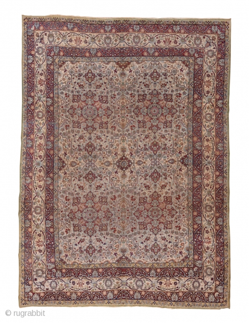 Kerman Carpet

9.0 by 12.3
2.74 x 3.74

The crisp cochineal red field displays a giant, lobed ivory medallion with dark blue interior spadiform palmettes. The ivory corners feature split navy arabesques and the main  ...