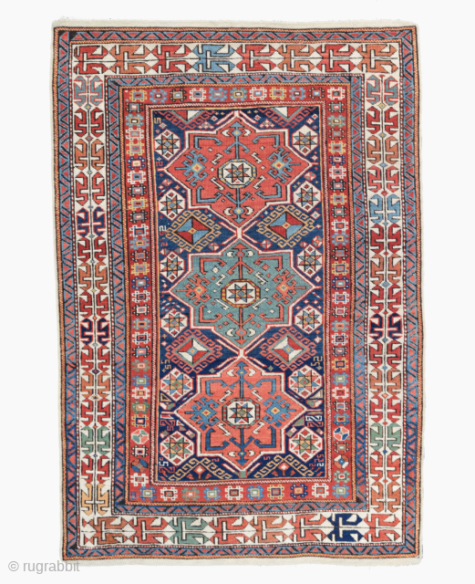 Antique Caucasian Shirvan star medallion rug from the Eastern Caucasus, Circa 1880.
This is an outstanding example of type, with three star medallions on a dark indigo blue field. The central medallion is  ...