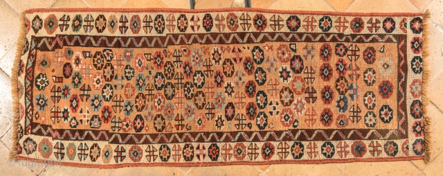 Stardust from Konya…Beautiful, antique probably mid 19th century, little runner from Anatolia (161x61cm). Look at those eight pointed multicolors in ectagons stars…look at that smooth, relaxing apricot field…look at that knotting…Reduced but  ...