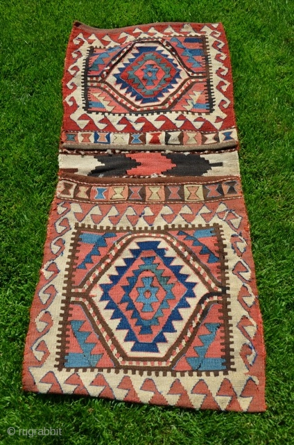 Antique Varamin Kurd kilim khorjin. Circa 1900. 4 ft. 2 in. X 1 ft. 10-1/2 in. Natural colors. Very good condition. See Reinisch "Sattel Taschen" Pl. 32 and Jenny Housego's "Tribal Rugs"  ...