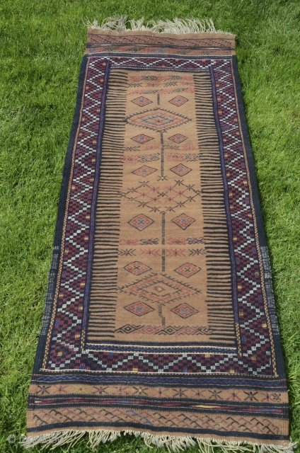 Kordi sofreh. 2'7" X 5' 9-1/4" (69X176 cm). Camel hair and wool. All natural colors. Brocaded designs on camel field. Original end and edge finishes. Excellent condition. Soft handle.    