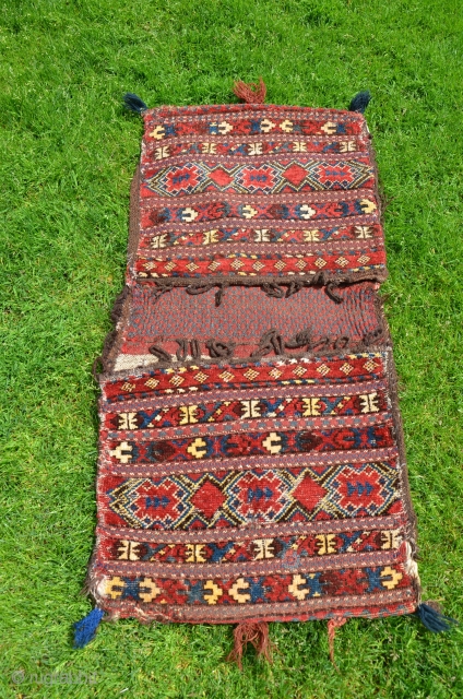 Antique Ersari khorjin. Late 19th C. 3 ft. 11 in. X 1 ft. 10 in. Natural colors including coveted cherry red. Signs of use but complete and collectable.     