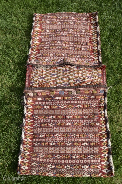 Rare antique flatwoven khorjin, Kalat-i-Naderi, 48" X 21". 19th C. Wool. Natural dyes. Fine condition for age.  Multiple weaving techniques- kilim, weft substitution, weft float, brocade. From a prominent eastern US  ...