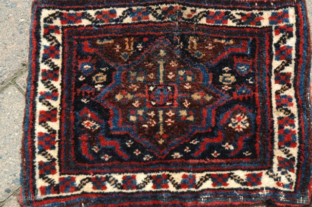 Bet you don't have one of these...an antique Neiriz chanteh 10 in. X 13 in.  wool with white warps, Persian knot down to the right, all natural colors, full pile with  ...