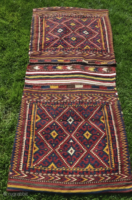 Uzbek kilim khorjin. 140 cm X 70 cm. First 1/2 20th C. Wool and cotton (white). All natural dyes. Excellent condition. Published in Besim "Mythos und Mystik " Band 6 (Pl. 30b.)  ...