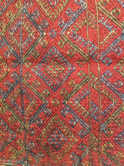 Kurdish brocaded khorjin. 54 in. X 24 in. Circa 1900. Wool. Natural dyes.  Striped plainwoven back. Fine condition. Bargain price.            