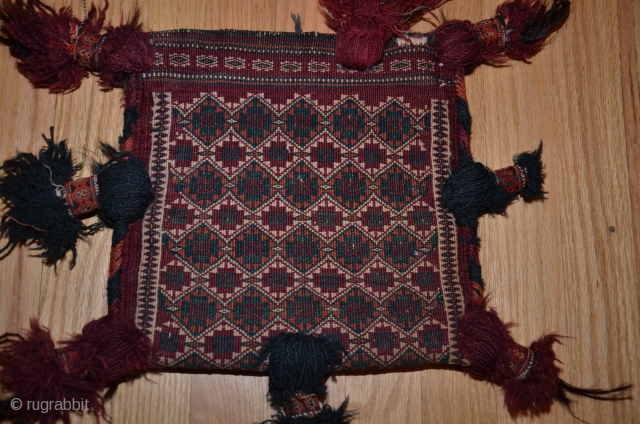 Baluch flatwoven chanteh 10-1/2 in X 10-1/2 in. Wool. Natural dyes. Early 20th C. All tassels intact. Perfect condition.              