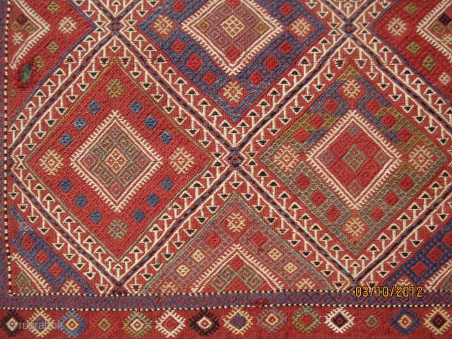 Magnificent Caucasian bag, circa 1880, with spectacular colors, great visual effect, in superb condition, measuring 2-6" x 5'-7" or 76 cm x 170 cm.  A great example of its kind.  